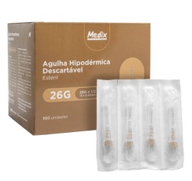 Agulha Hipodérmica Descartável 13 X 0,45 Mm (Marrom) 26G X 1/2 - 100 Unid - Medix 